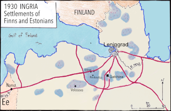a map of Ingria showing small towns, St Petersburg and Gatchina.